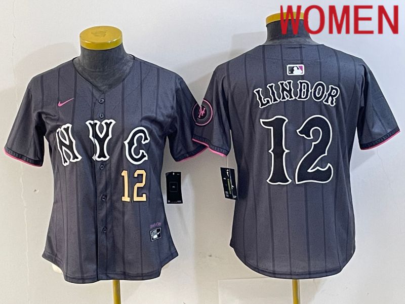 Women New York Mets #12 Lindor Black City Edition 2024 Nike MLB Jersey style 3->youth mlb jersey->Youth Jersey